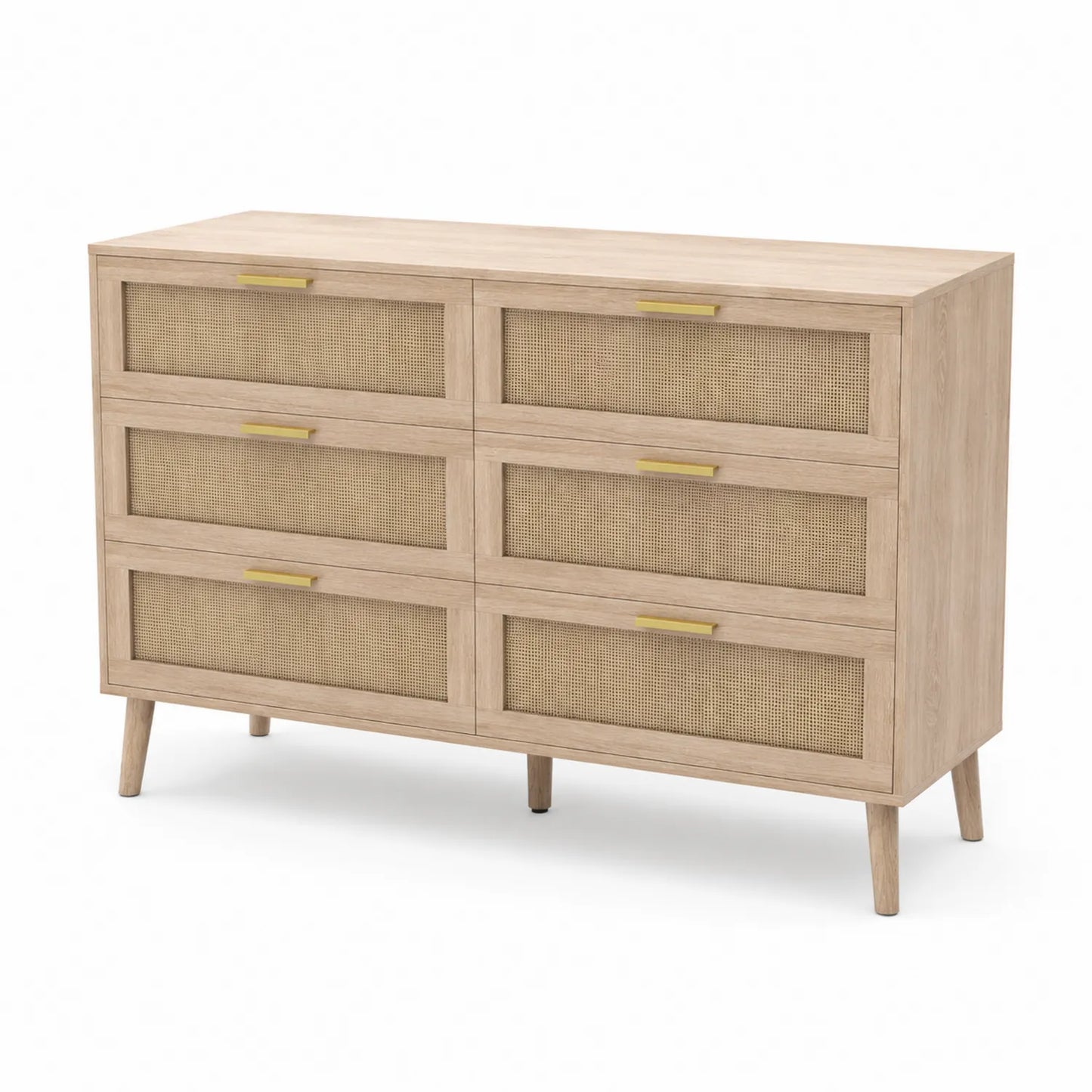 Cómoda de madera de roble y ratán con 6 cajones