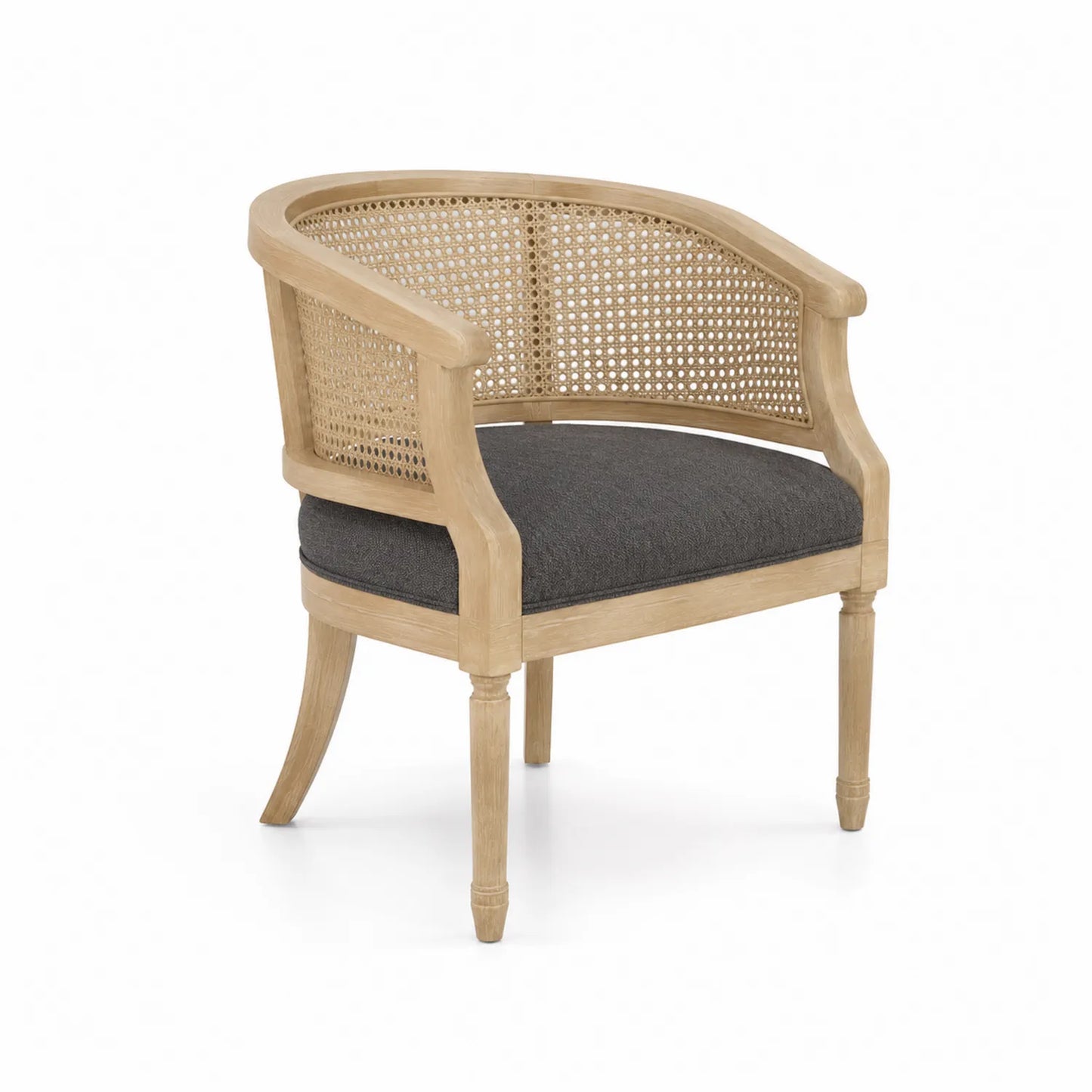 Silla de Madera con Asiento de Tela Gris y Respaldo de Ratán