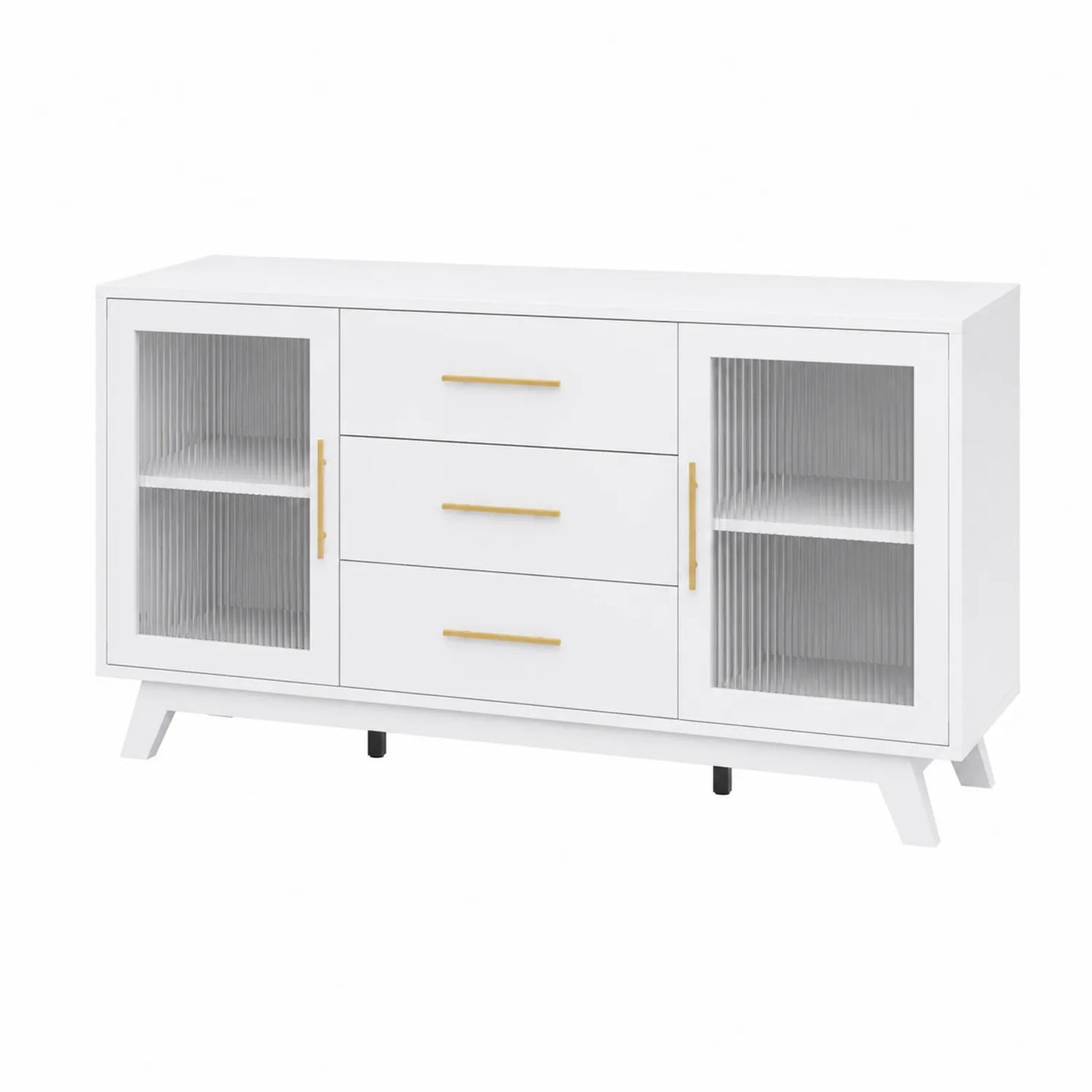 Aparador de MDF blanco con puertas de vidrio templado y cajones 150x40x80 cm