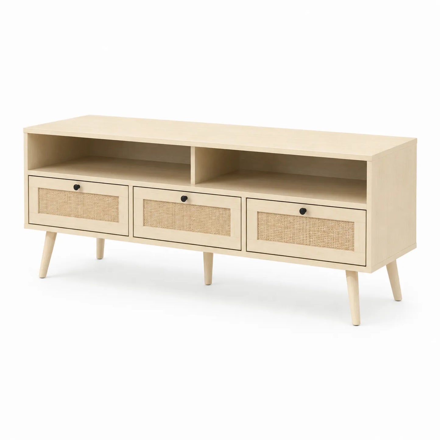 Mueble de TV de Madera y Ratán Beige Claro