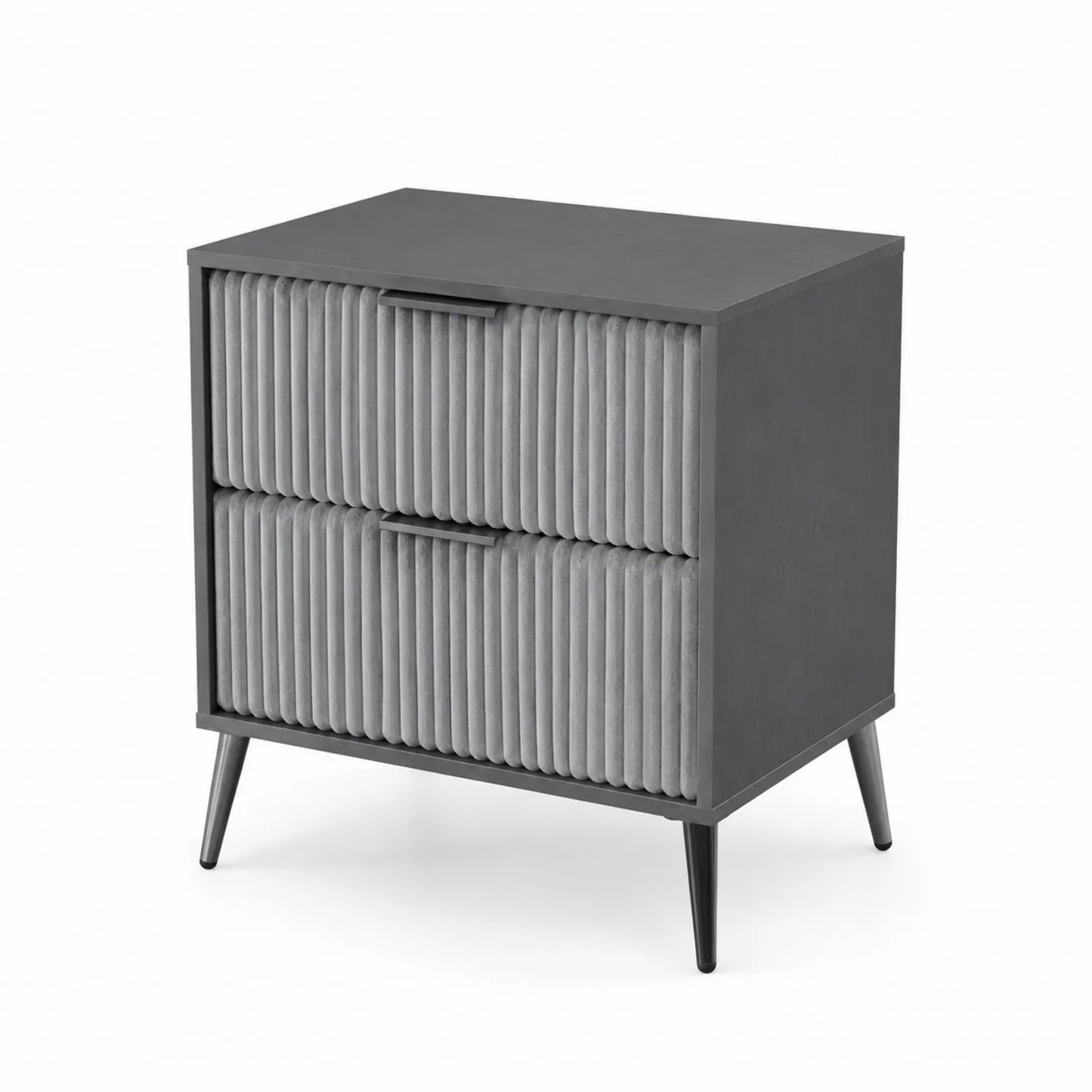 Mesita de Noche de Madera con Cajones de Tela Gris y Patas Metálicas