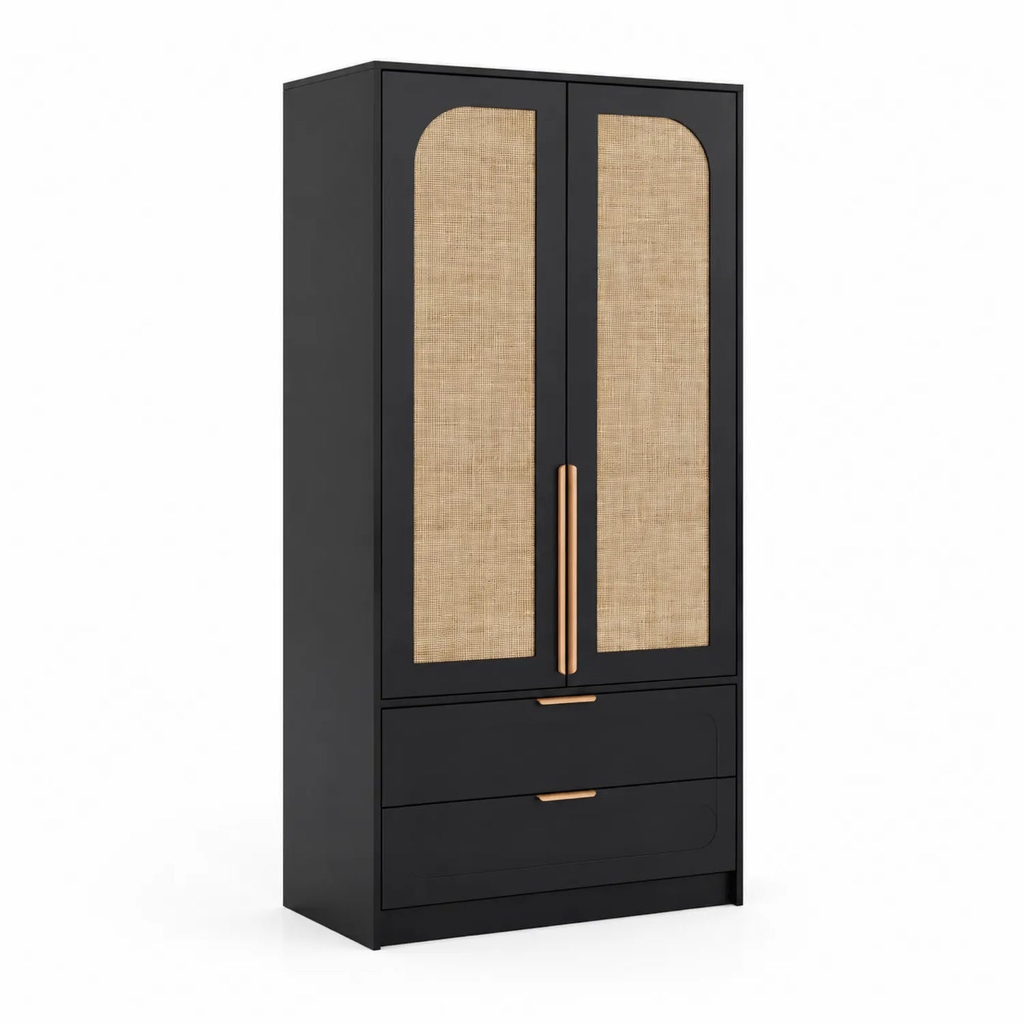 Armario de MDF Negro con Puertas de Ratán