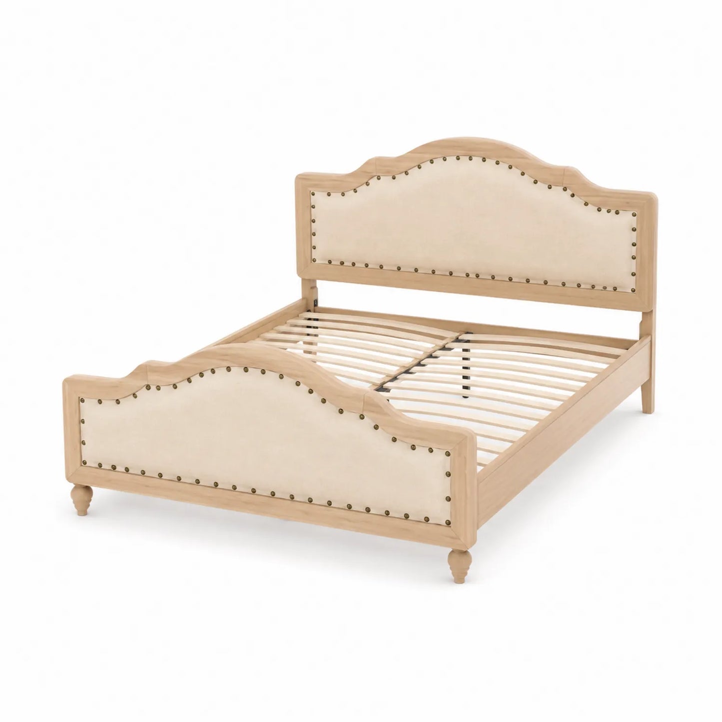Cama de madera con tapicería de lino y remaches