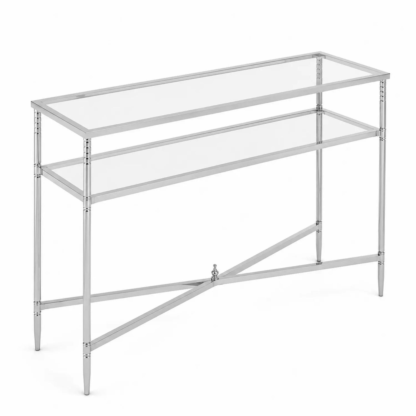 Mesa consola de vidrio templado y acero inoxidable con dos estantes