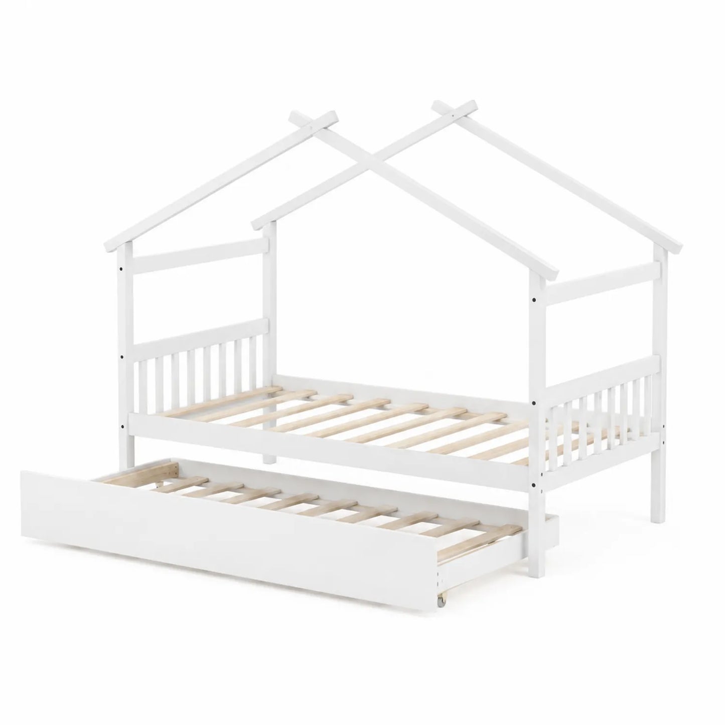 Cama de madera con estructura de casa y cajón extraíble