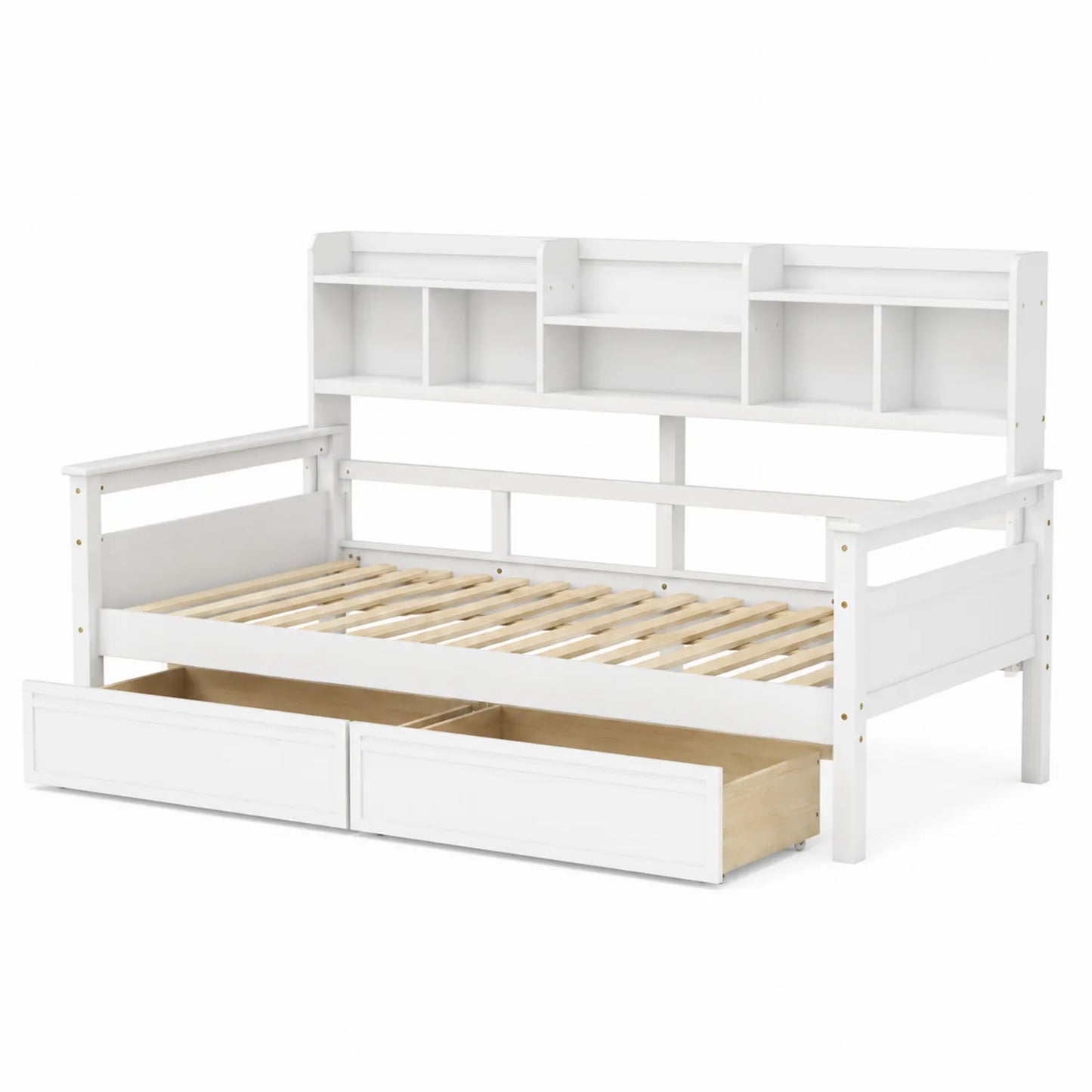 Cama de madera blanca con estantes y cajones 200x90 cm