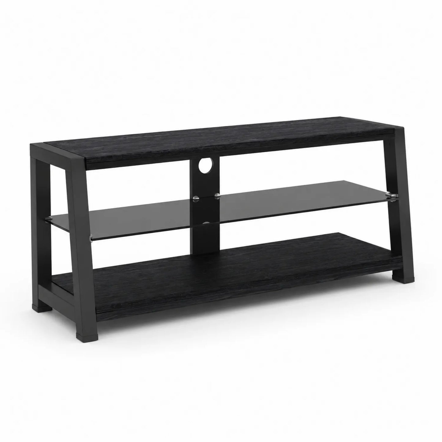 Mesa consola TV negra con estantes de madera y vidrio templado