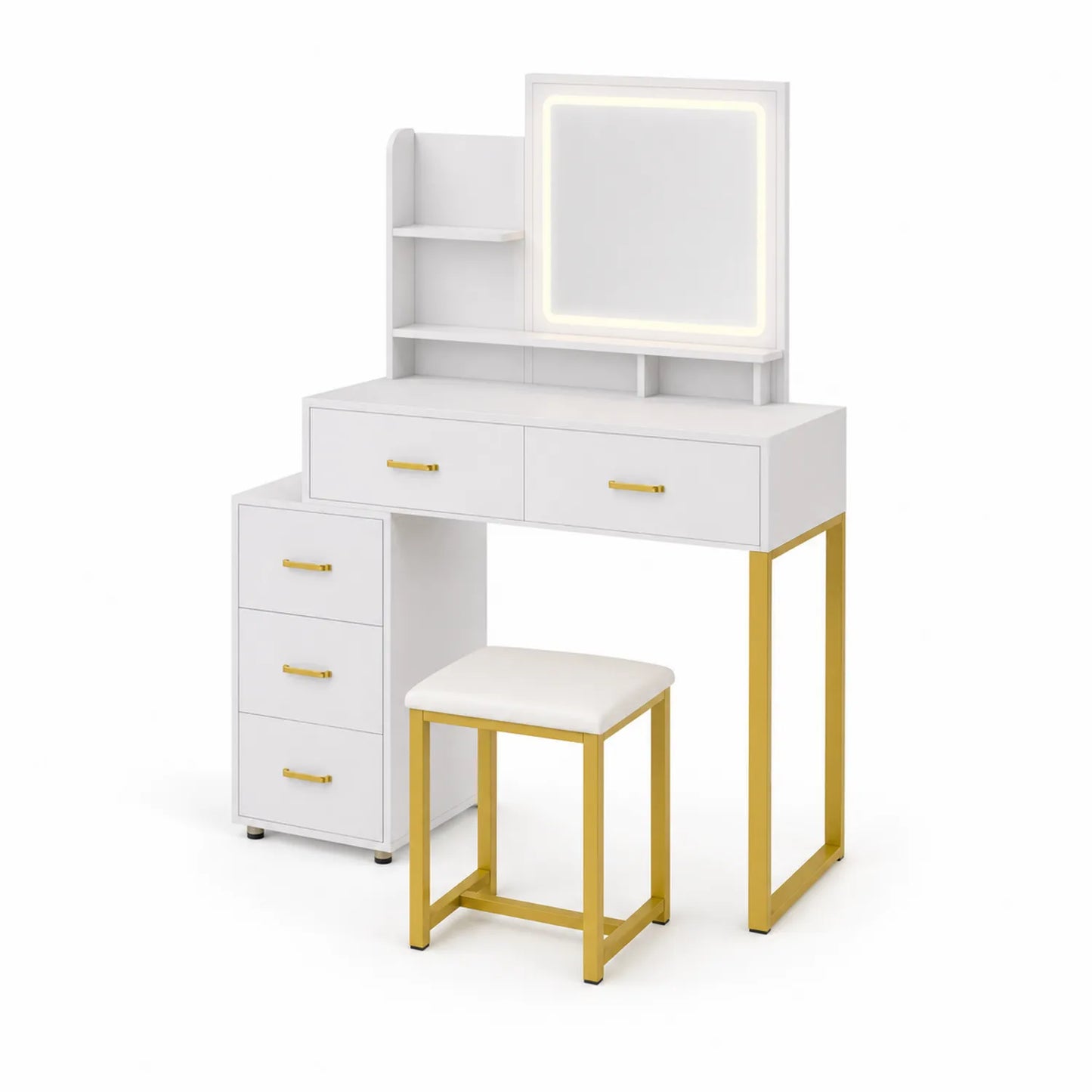 Tocador con Espejo LED y Taburete en MDF Blanco y Acero Dorado