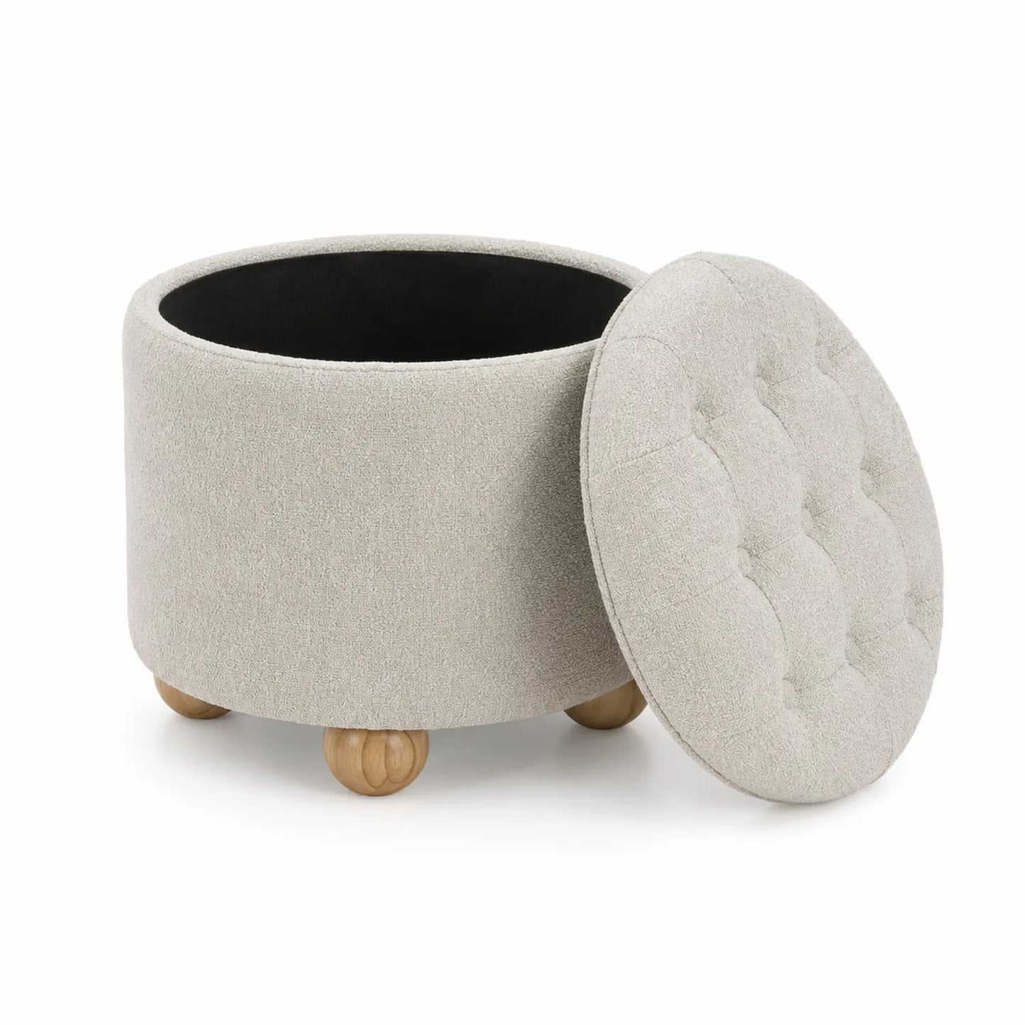 Puf redondo con almacenamiento de tela y patas de madera 40 cm Beige