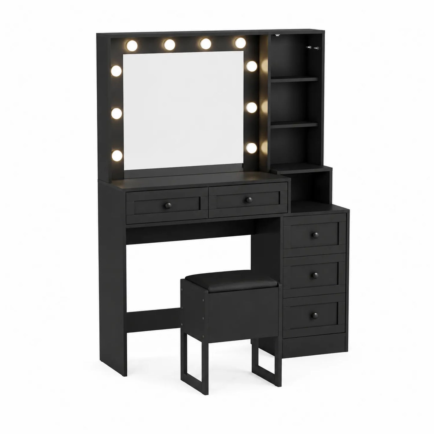 Tocador de madera negra con espejo con luces LED y taburete