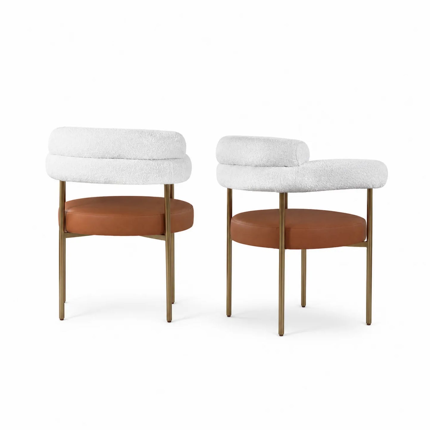 Juego de 2 sillas de comedor de metal con asiento de cuero sintético y respaldo de tela bouclé