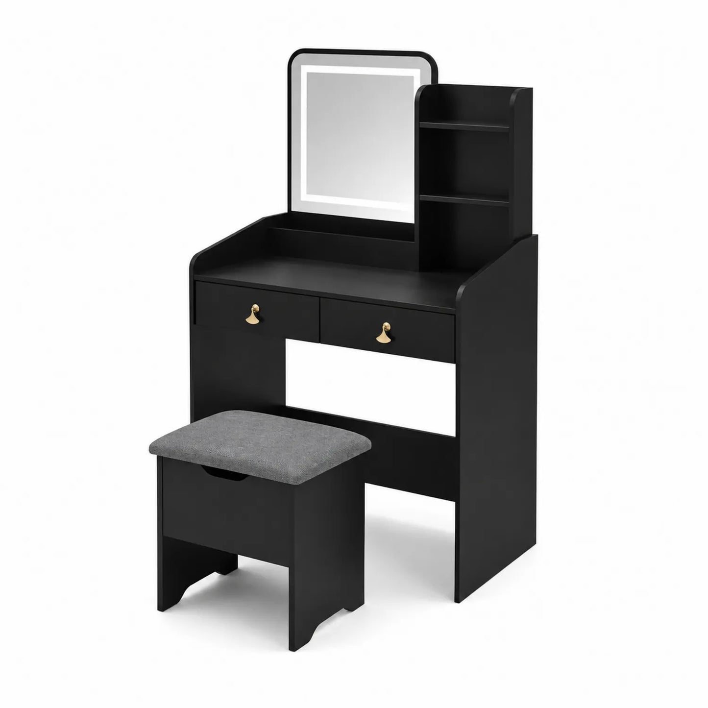 Tocador de madera con espejo LED y taburete, Negro
