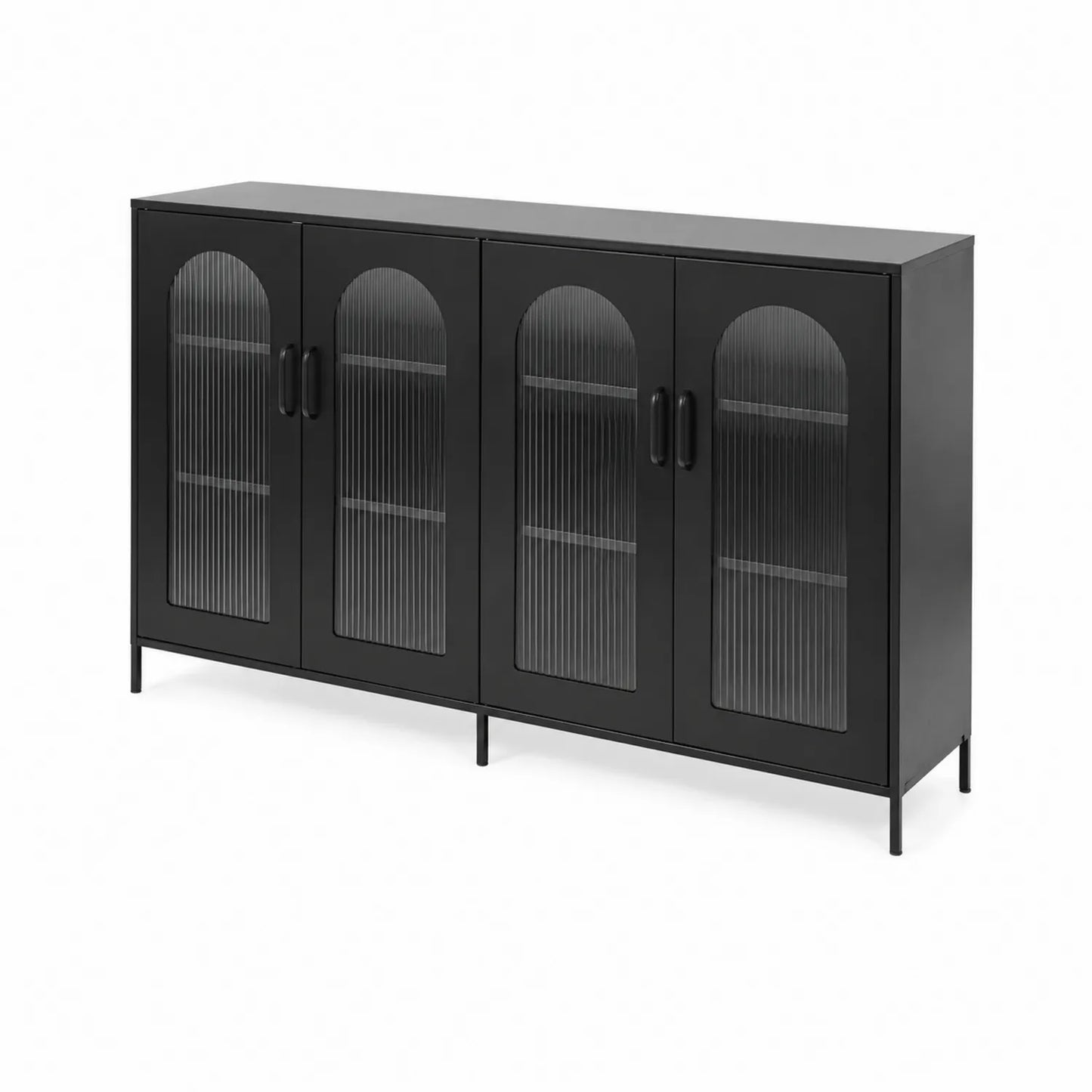 Aparador de metal negro con puertas de vidrio estriado 176x40x90 cm