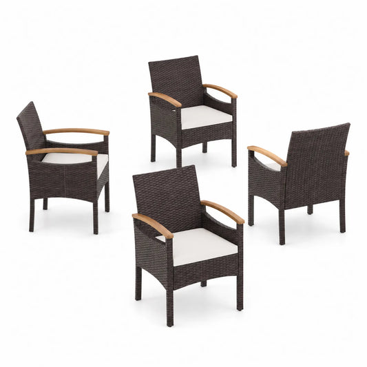 Juego de 4 sillas de ratán con brazos de madera y cojines