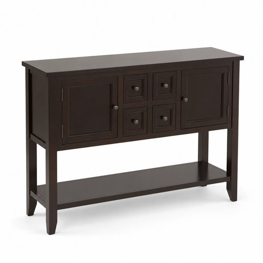 Mesa consola de madera marrón con puertas y cajones