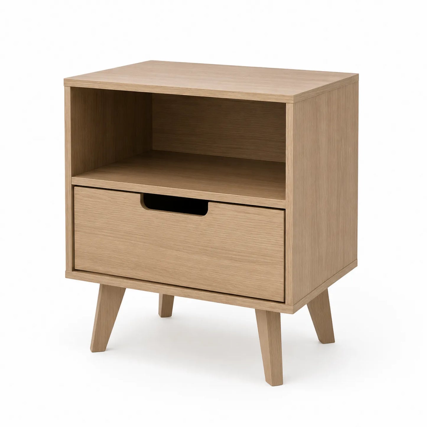 Mesita de noche de madera de roble con cajón y estante