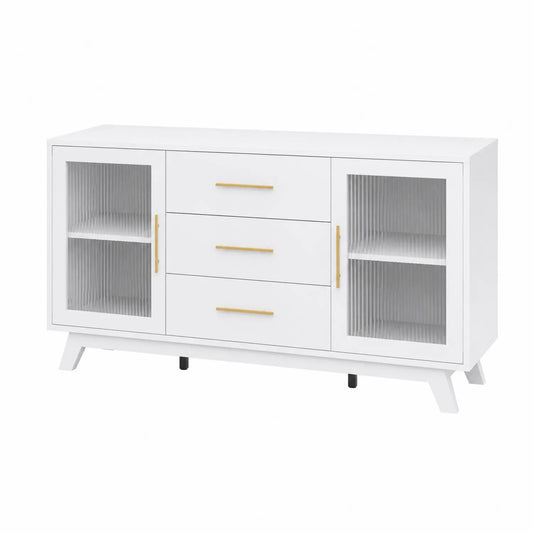 Aparador de MDF blanco con puertas de vidrio templado y cajones 150x40x80 cm