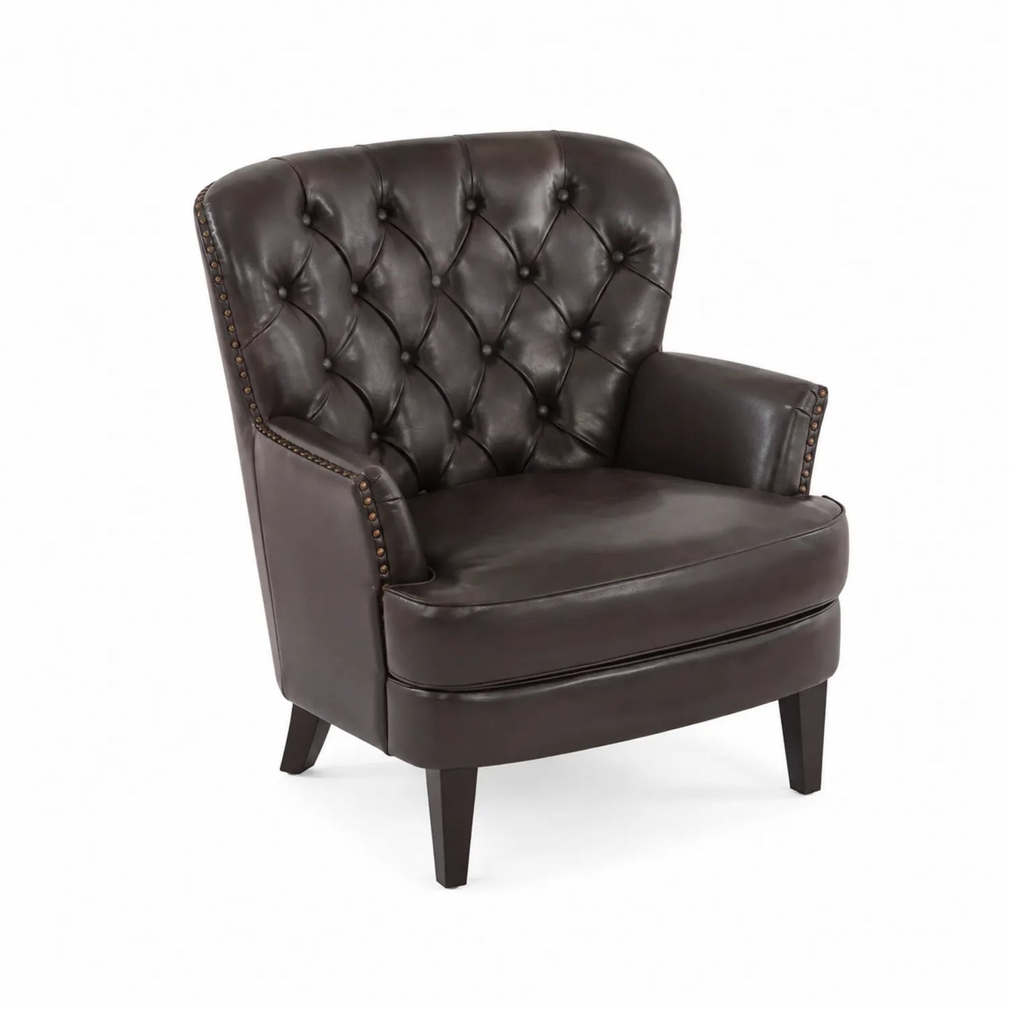 Sillón de cuero marrón oscuro con patas de madera
