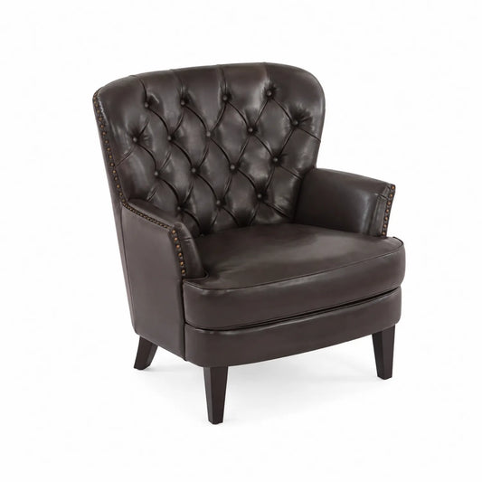 Sillón de cuero marrón oscuro con patas de madera