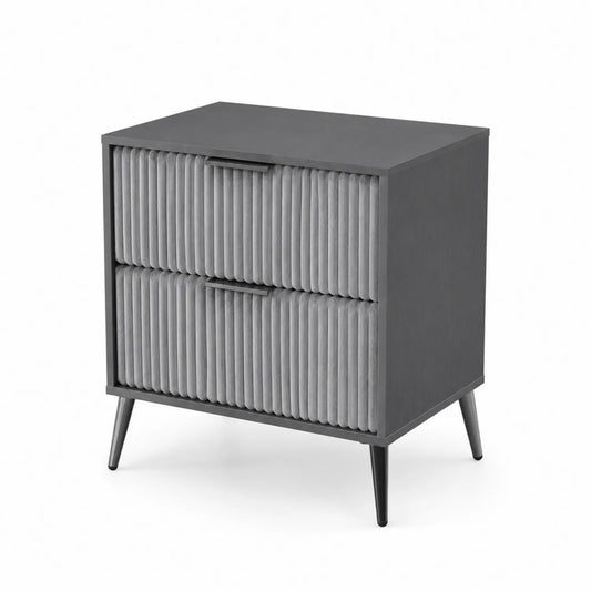 Mesita de Noche de Madera con Cajones de Tela Gris y Patas Metálicas