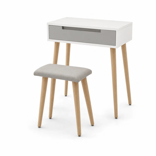 Conjunto de tocador blanco y gris con patas de madera
