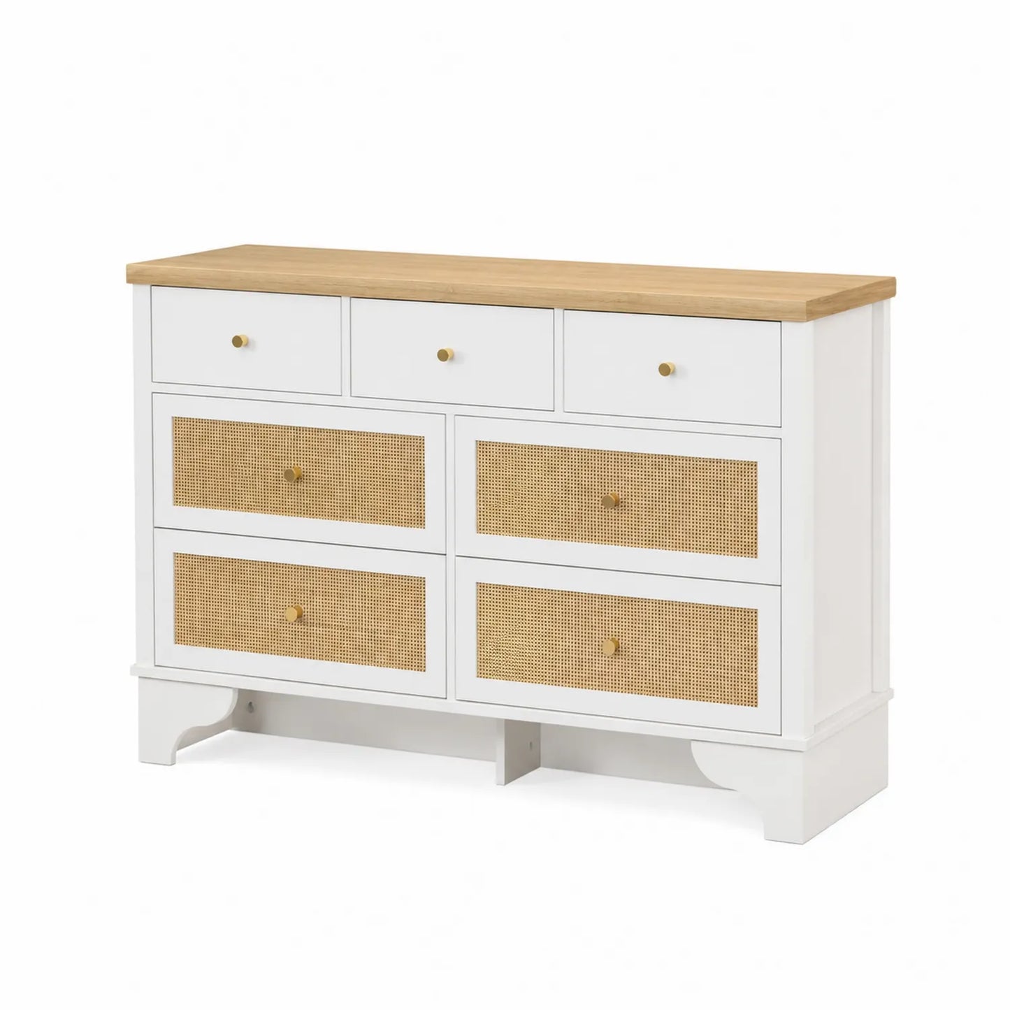 Cajonera de madera blanca con 7 cajones de ratán