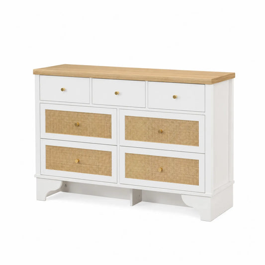 Cajonera de madera blanca con 7 cajones de ratán