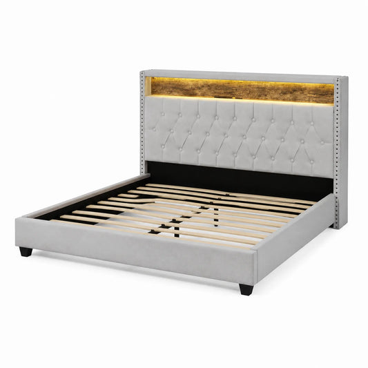 Cama de Matrimonio Tapizada en Poliester con Cabecera de Madera Iluminada 200x150 cm