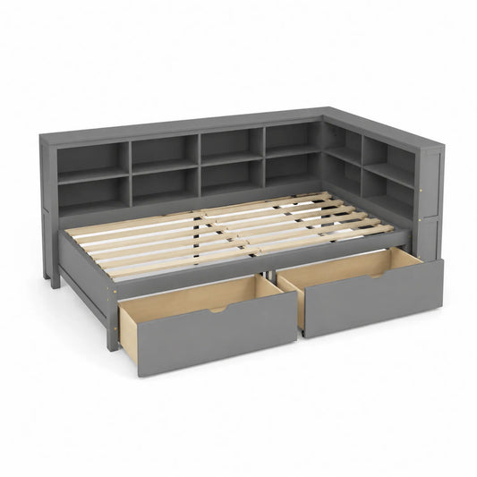 Cama con almacenamiento y estanterías en L gris 200x140x80 cm madera