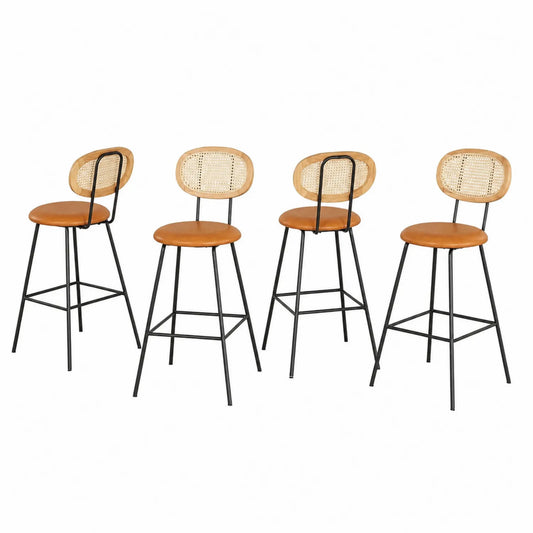 Juego de 4 taburetes con asiento de cuero sintético y respaldo de mimbre, estructura de metal