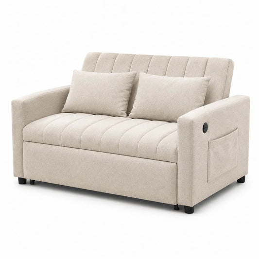 Sofá Cama de Tela Beige con Cojines y Bolsillo Lateral