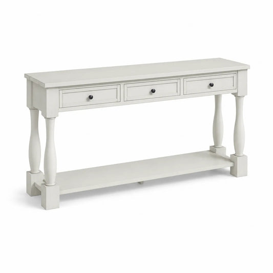 Consola de madera blanca con 3 cajones y estante inferior