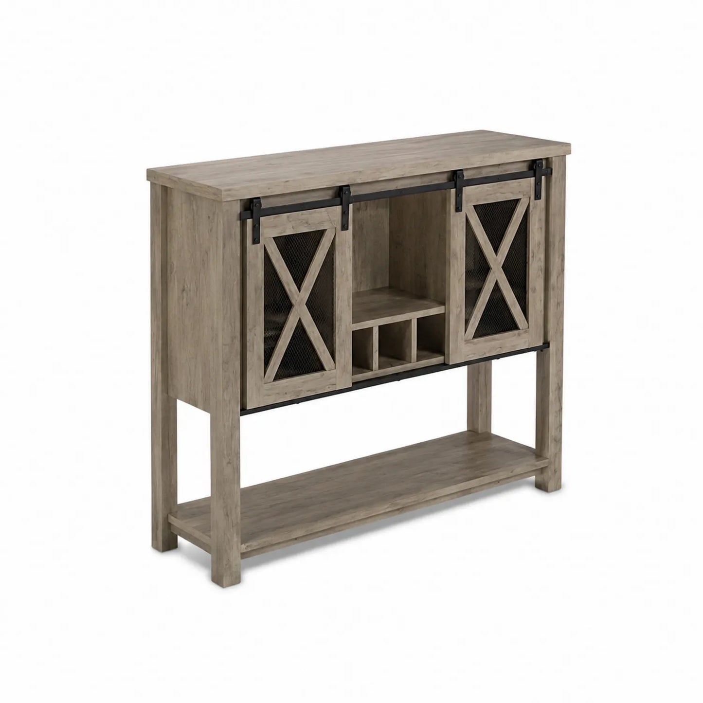 Aparador de madera con puertas corredizas y detalles de metal