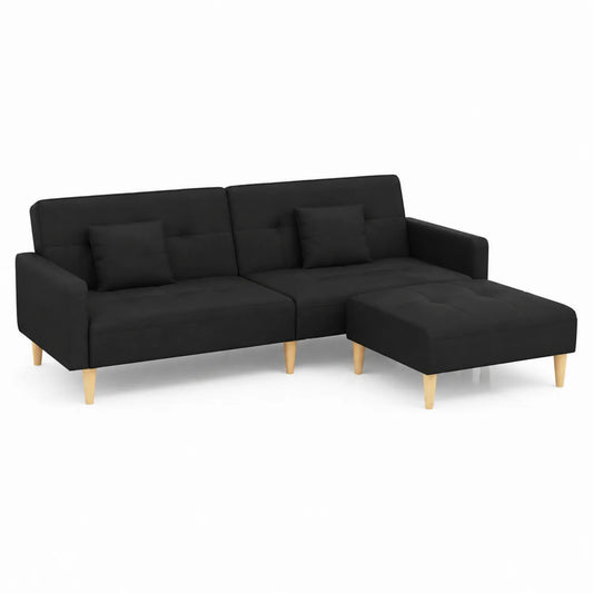 Sofá seccional en L de tela negra con patas de madera