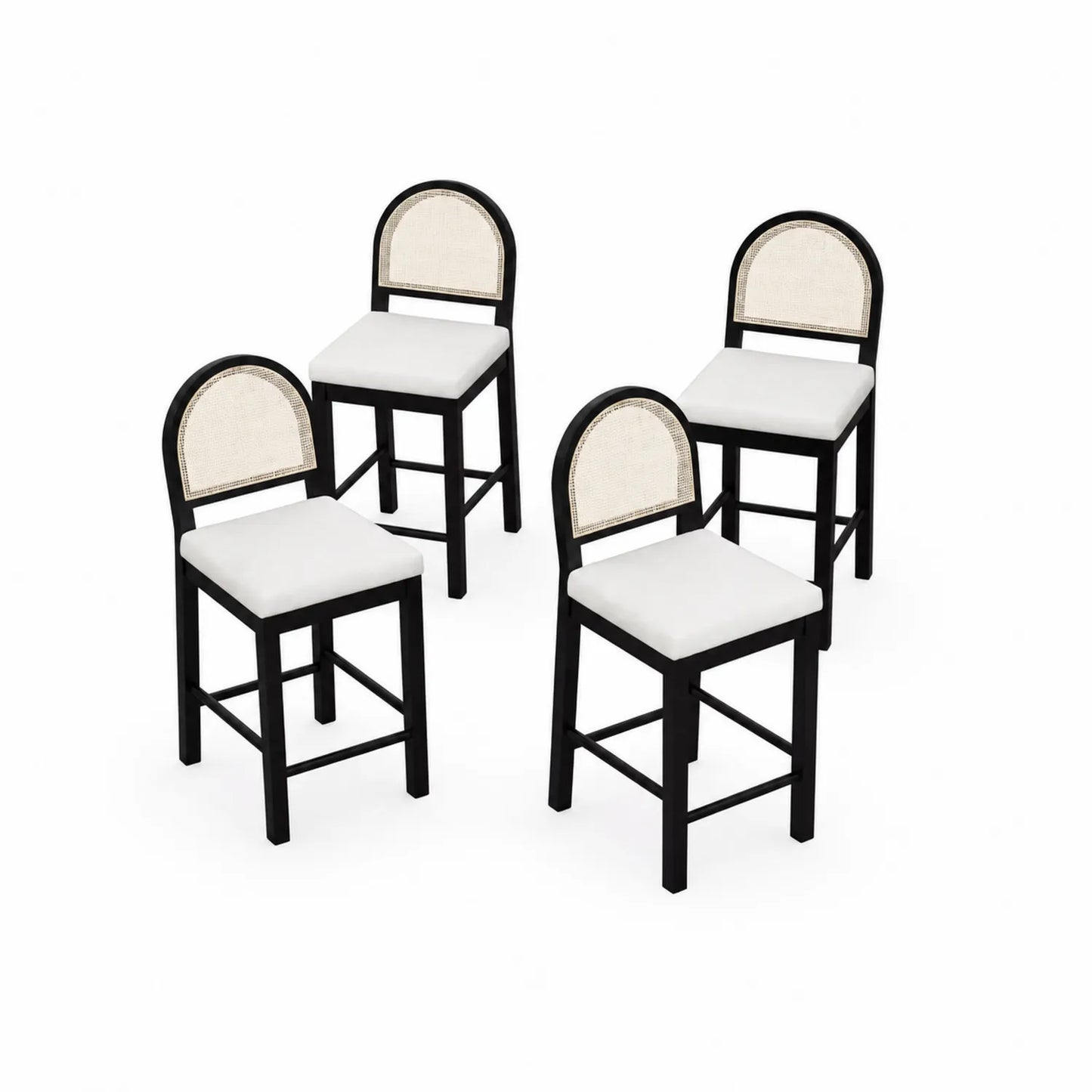 Juego de 4 taburetes de madera y tela con respaldo de rejilla