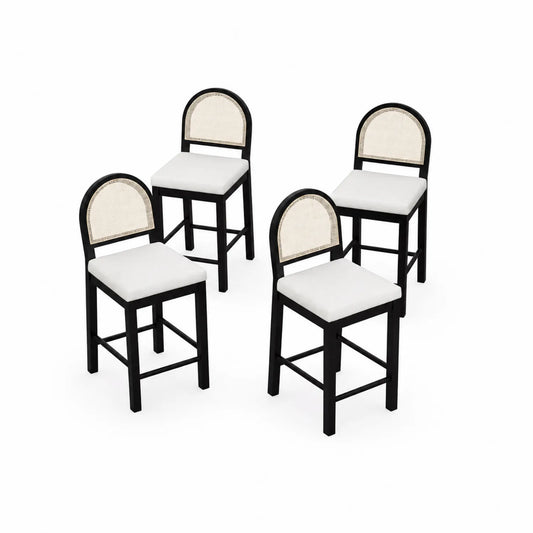 Juego de 4 taburetes de madera y tela con respaldo de rejilla