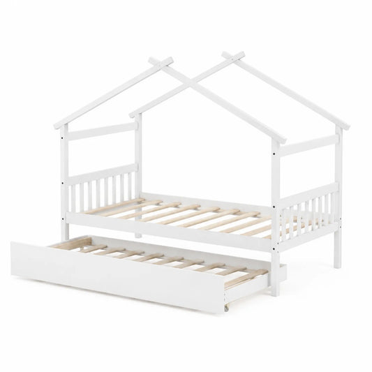 Cama de madera con estructura de casa y cajón extraíble
