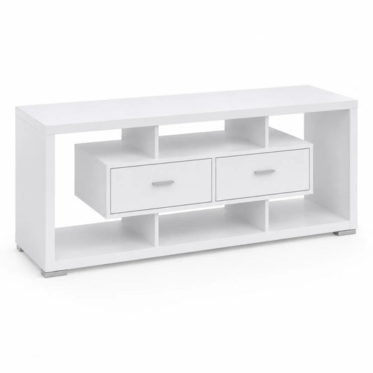 Mueble de TV de madera con cajones y estantes, 140x40x55 cm, Blanco