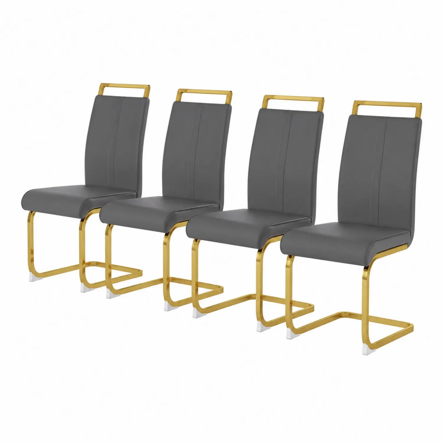 Juego de 4 sillas de cuero sintético y metal dorado, gris