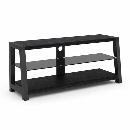Mesa consola TV negra con estantes de madera y vidrio templado