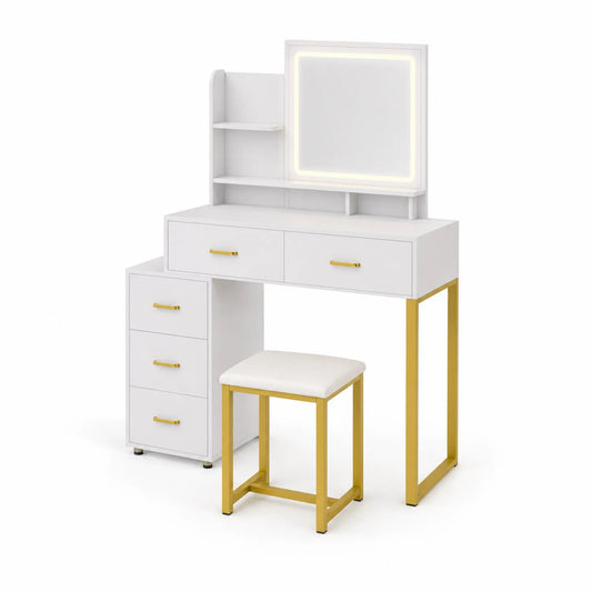 Tocador con Espejo LED y Taburete en MDF Blanco y Acero Dorado