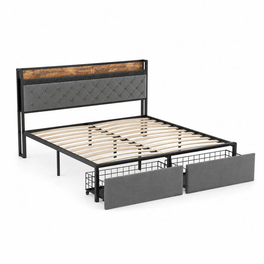 Cama de Metal con Cabecero Tapizado y Almacenamiento 200x160 cm