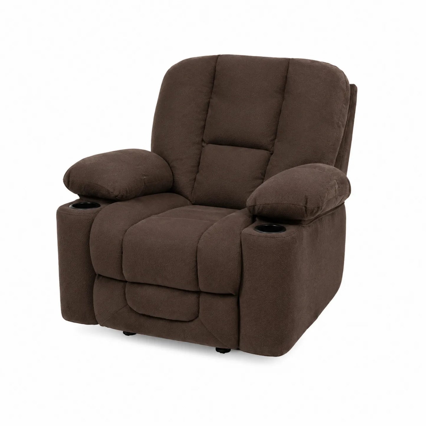 Sillón reclinable de tela marrón con portavasos