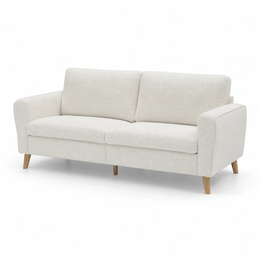 Sofá de tres plazas de tela bouclé blanco crema con patas de madera