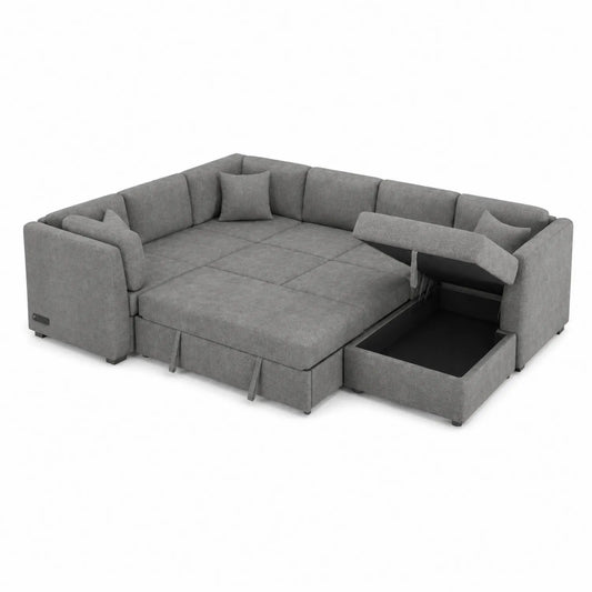 Sofá esquinero convertible de tela gris con almacenamiento