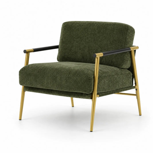 Silla de tela y metal verde y dorado