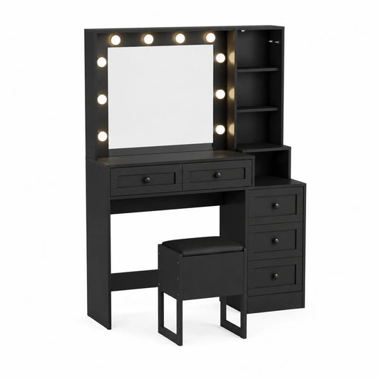 Tocador de madera negra con espejo con luces LED y taburete