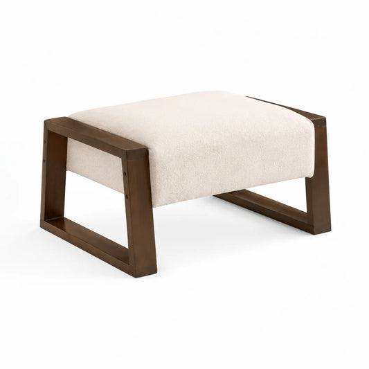 Puf de Tela Beige con Estructura de Madera