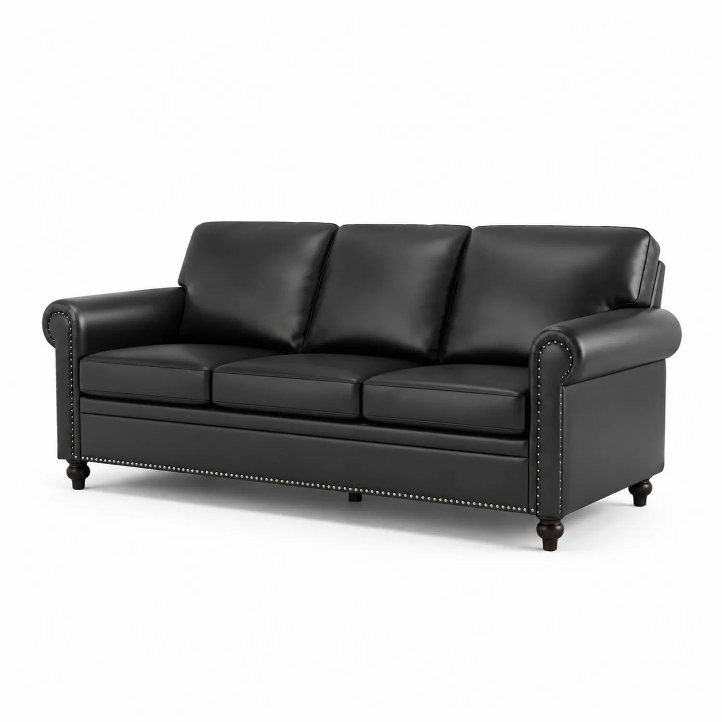 Sofá de tres plazas de cuero sintético negro con patas de madera