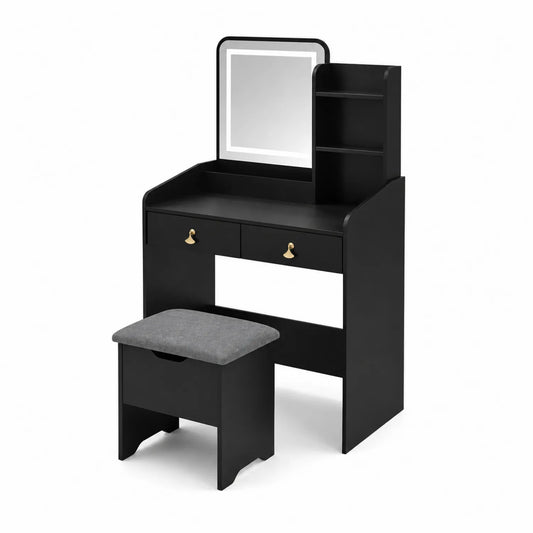 Tocador de madera con espejo LED y taburete, Negro
